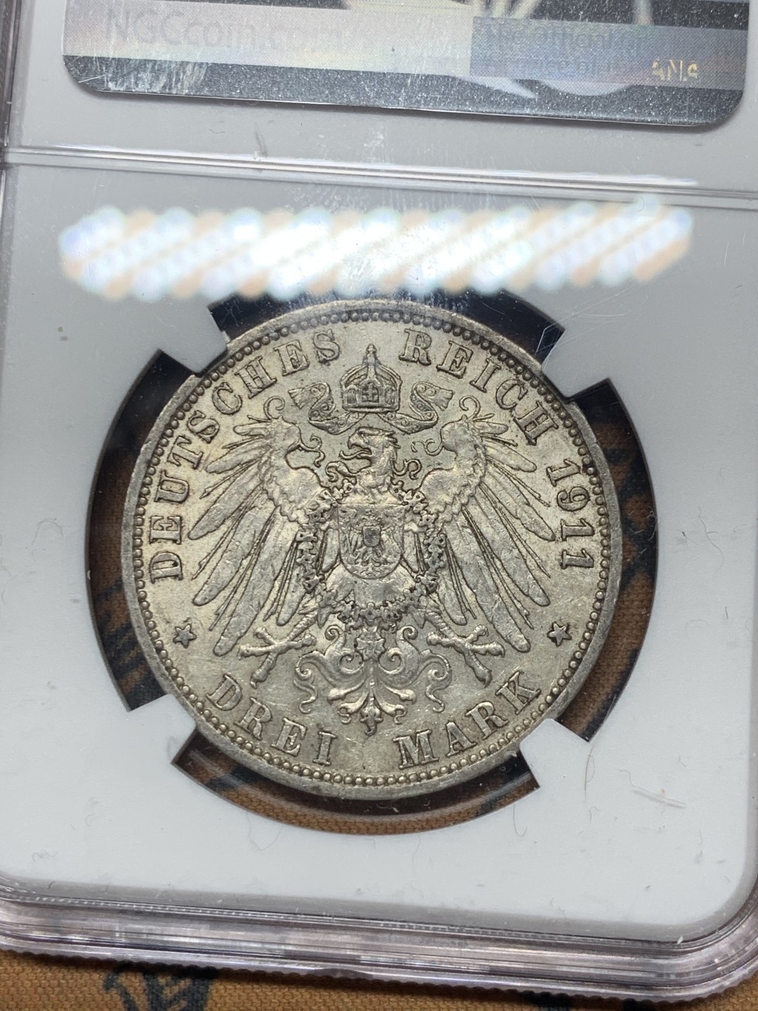 《竞宝斋》微拍-第32场-周日（全场顺丰包邮） NGC-AU55 德国普鲁士 1911年 威廉二世 3马克 美品老包浆 银币