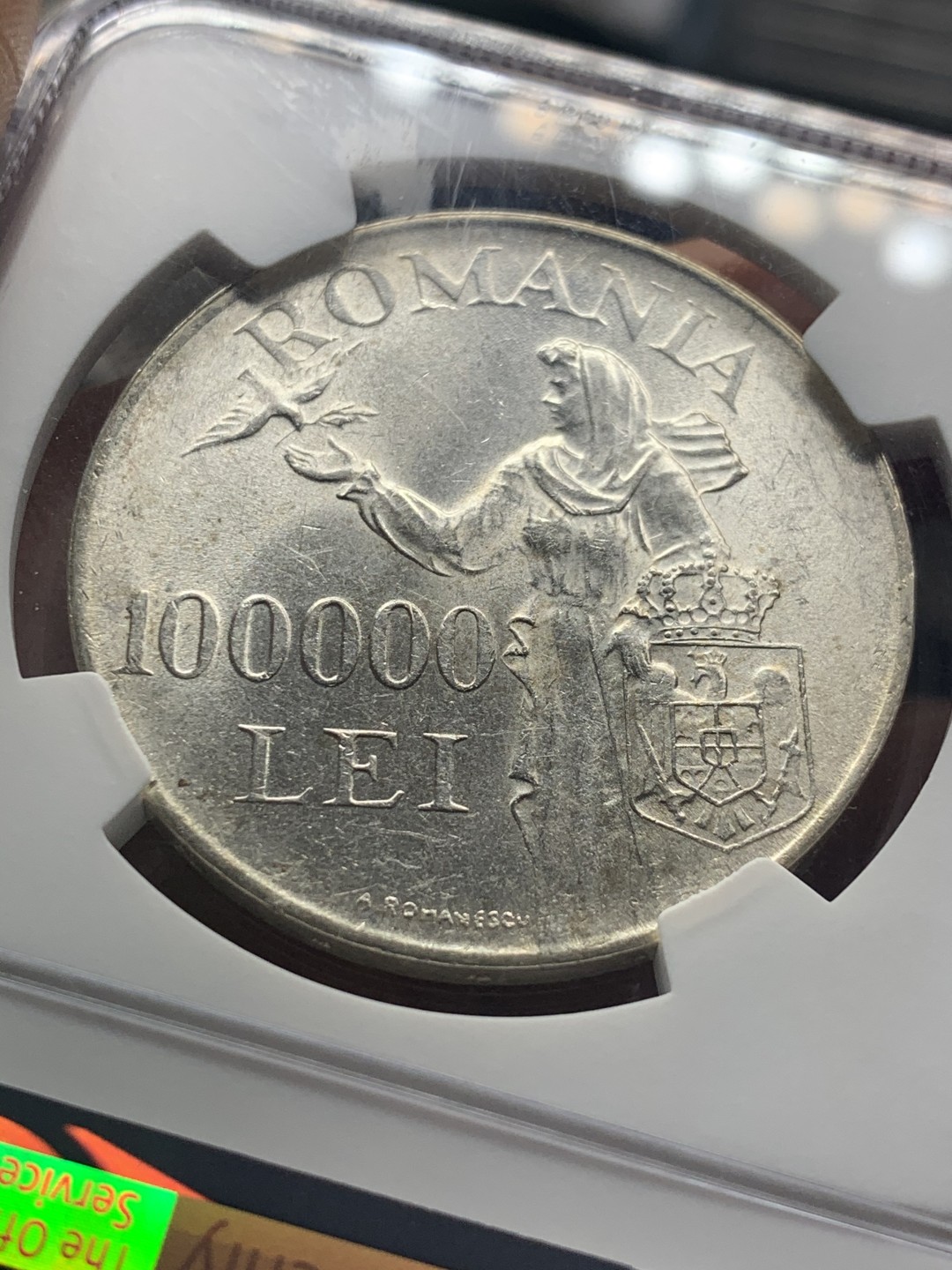 《竞宝斋》微拍-第32场-周日（全场顺丰包邮） NGC MS61 罗马尼亚王国 1946年 100000里拉 米哈伊一世大银币 罗马尼亚末代国王，大转光，仅发行一年，超大面值 