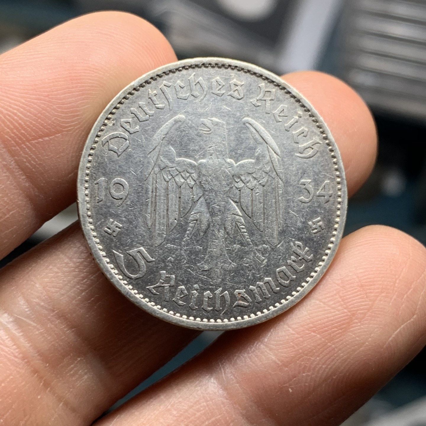 《竞宝斋》微拍-第32场-周日（全场顺丰包邮） 裸币 德国 1934年5马克  教堂无字版 银币