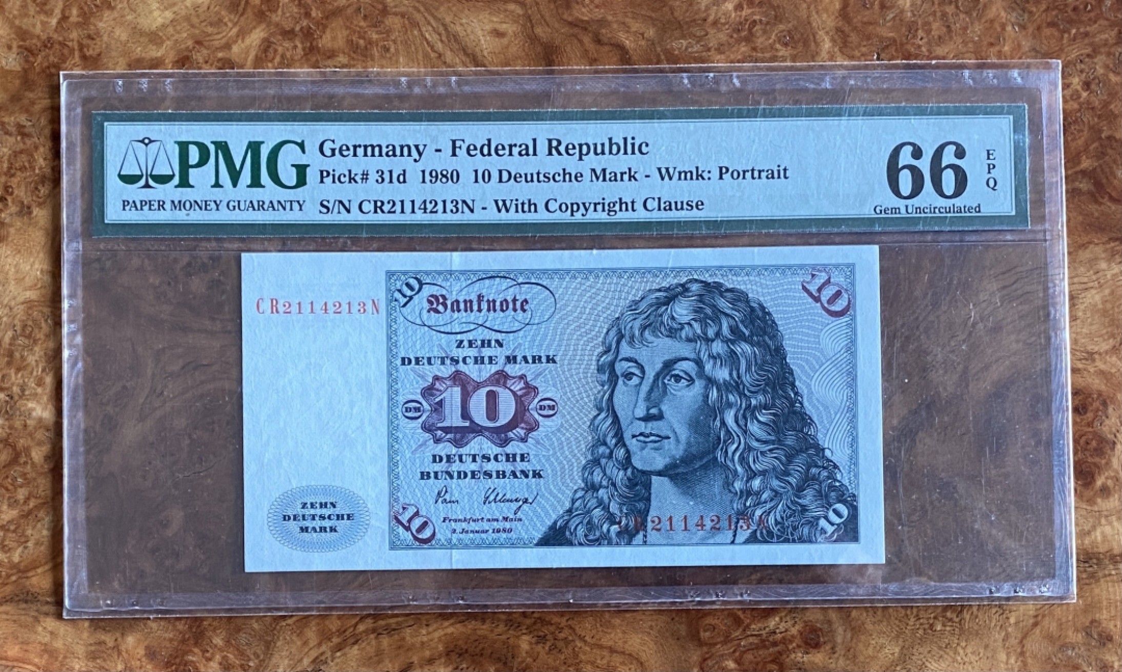 得物拍卖 Chase Auction  第2期 - -世界纸币精粹（二） 1980年德国10马克，PMG66分！德国画家丢勒的作品《青年男子》！