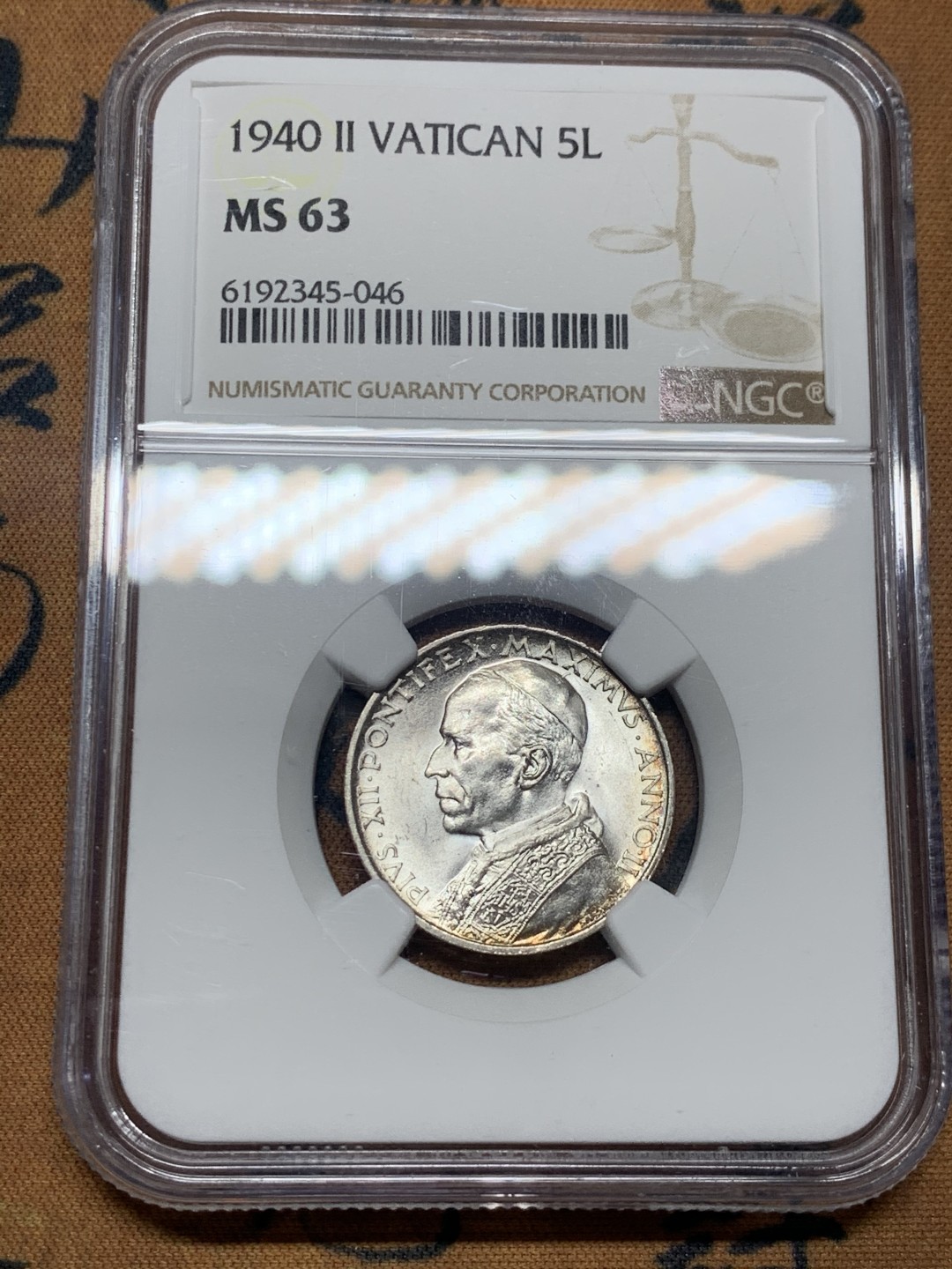 《竞宝斋》微拍-第32场-周日（全场顺丰包邮） NGC-MS63 梵蒂冈 1940年 教皇小船 5里拉 原光好品 银币