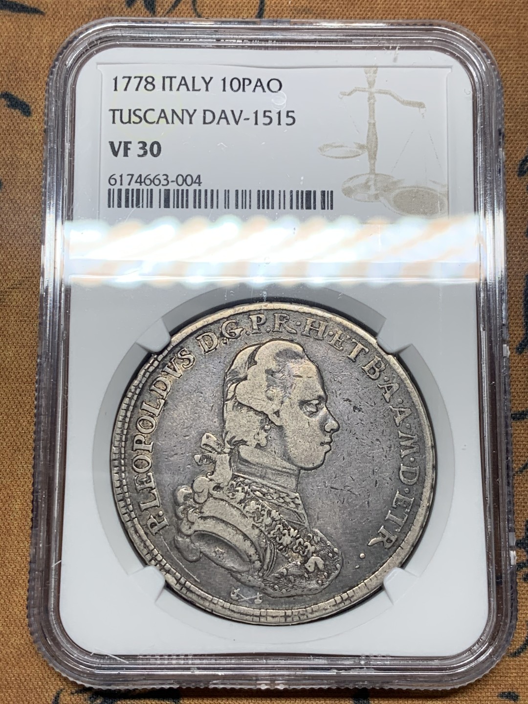 《竞宝斋》微拍-第32场-周日（全场顺丰包邮） 唯一冠军 NGC-VF30 意大利托斯卡纳 1778年 利奥波德 10宝利 大银币 非常稀少的版别