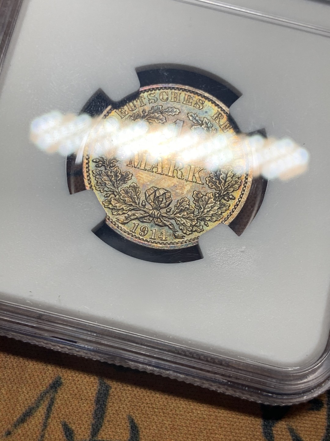 《竞宝斋》微拍-第32场-周日（全场顺丰包邮） NGC-MS63 德国 1914年 1马克 银币 双面五彩酱紫包浆