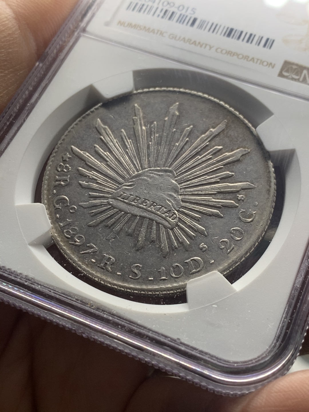 《竞宝斋》微拍-第32场-周日（全场顺丰包邮） NGC-AU55  1897 墨西哥鹰洋 8 里亚尔 瓜纳华托厂  淡淡彩光