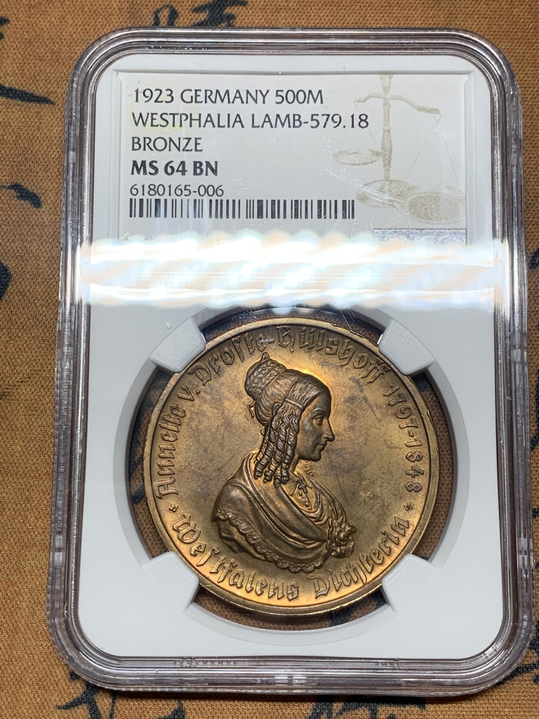 《竞宝斋》微拍-第32场-周日（全场顺丰包邮） NGC-MS64 德国魏玛共和国 1923年 女人头 500马克 铜币 稀少品种 只有五枚更高分