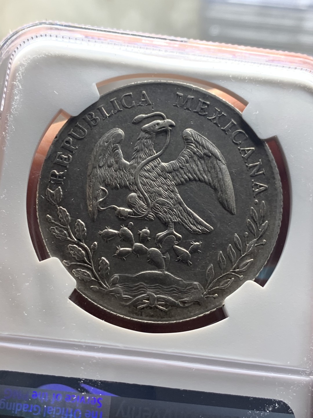 《竞宝斋》微拍-第32场-周日（全场顺丰包邮） NGC-AU55  1897 墨西哥鹰洋 8 里亚尔 瓜纳华托厂  淡淡彩光