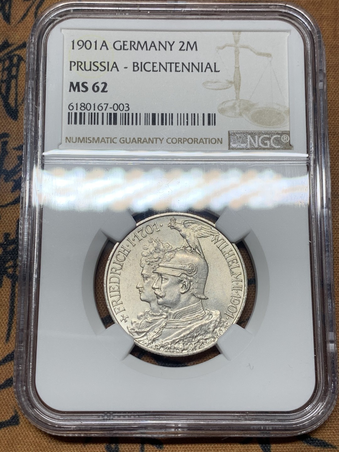 《竞宝斋》微拍-第32场-周日（全场顺丰包邮） NGC-MS62 德国普鲁士 1901年 200周年纪念 2马克 银币 原光好品