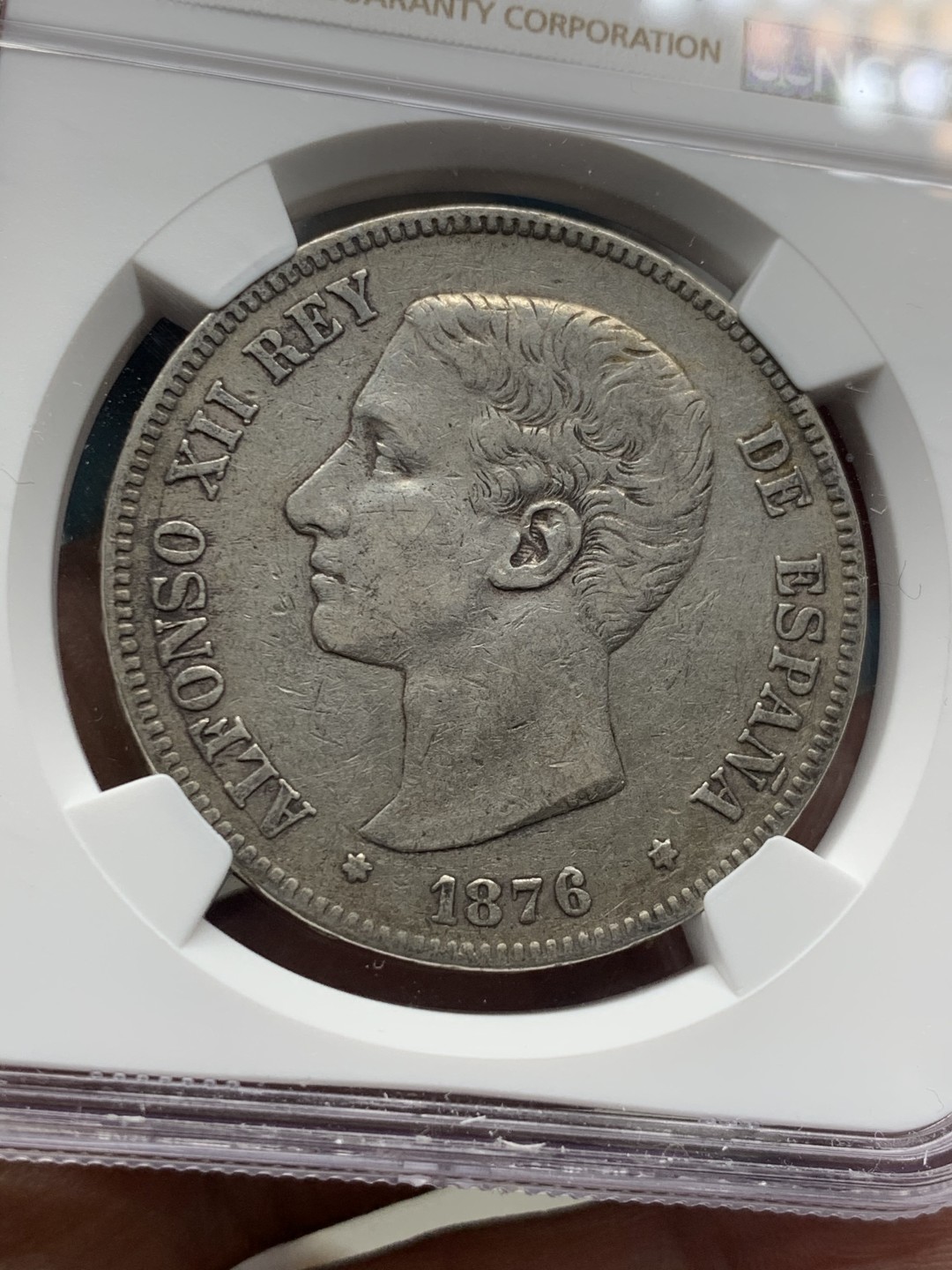 《竞宝斋》微拍-第32场-周日（全场顺丰包邮） NGC-XF40 西班牙 1876年 阿方索十二世 5比塞塔 双柱 大银币 原味好品