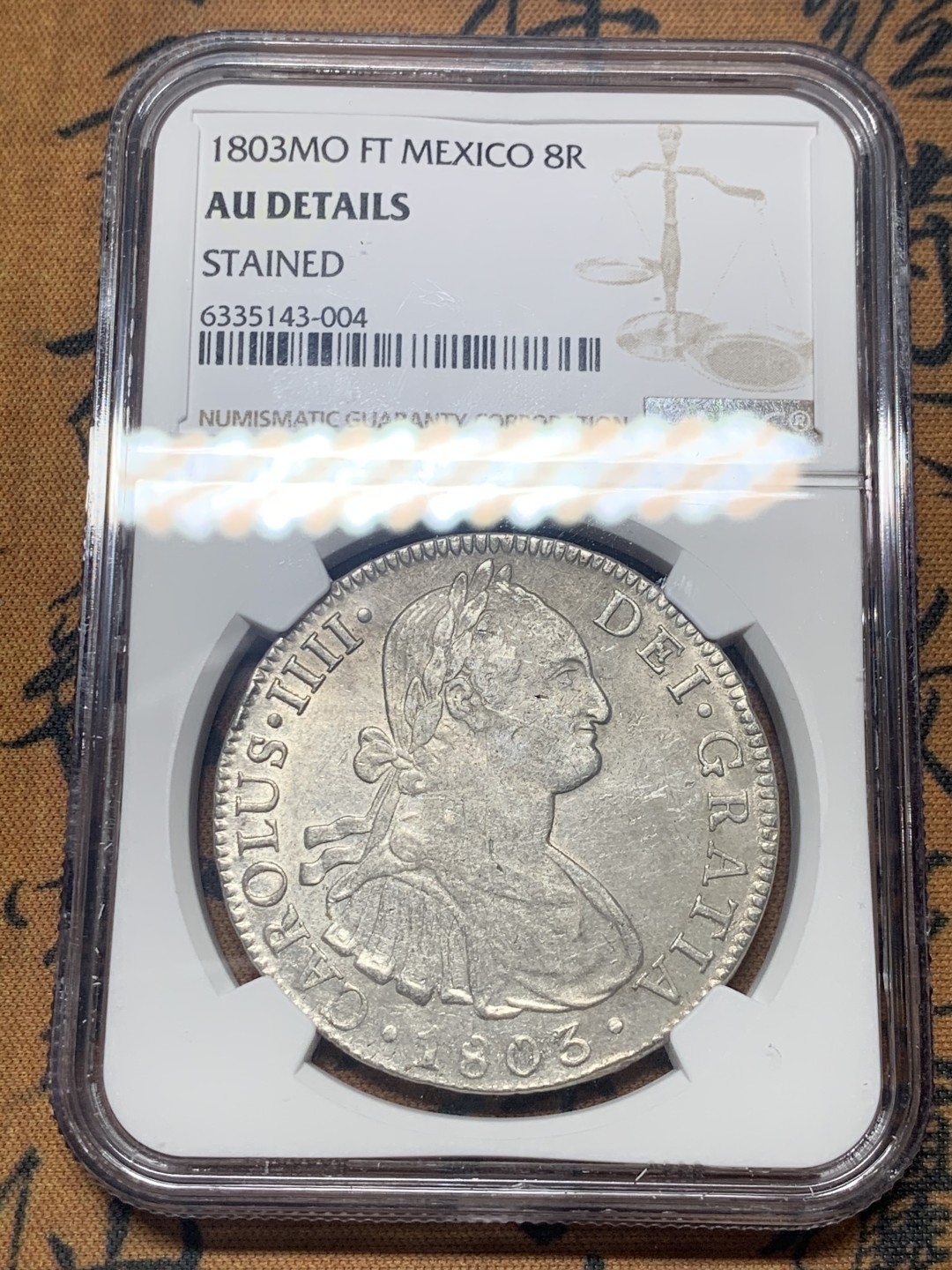 《竞宝斋》微拍-第32场-周日（全场顺丰包邮） NGC评级 墨西哥 1803年 卡四 8R 双柱 大银币