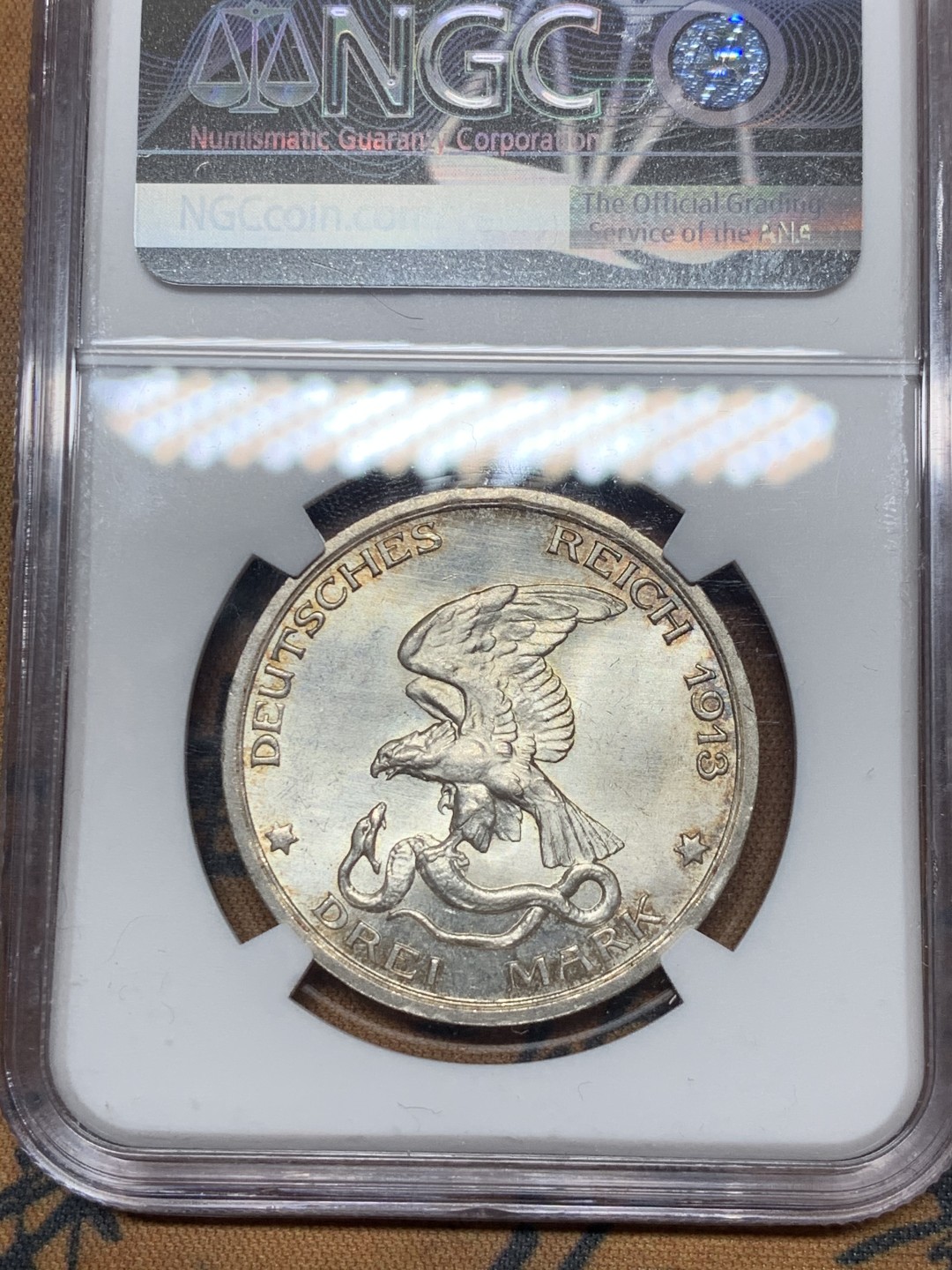 《竞宝斋》微拍-第32场-周日（全场顺丰包邮） NGC-MS64 德国普鲁士 1913年 普法战争 3马克 银币 好品淡彩包浆 非常漂亮