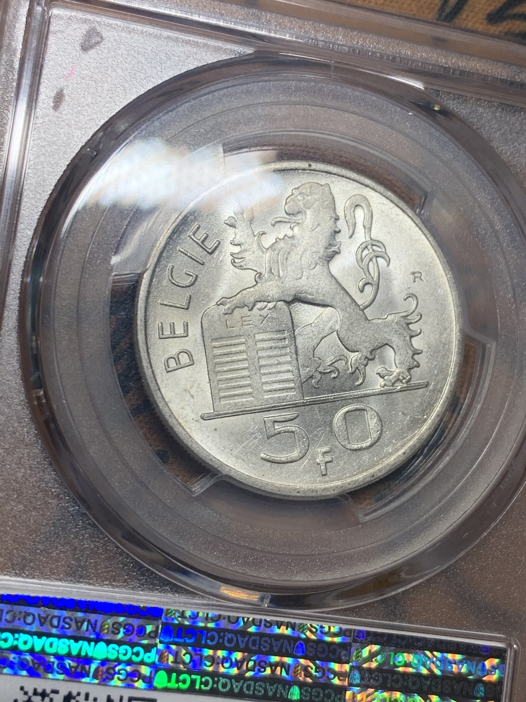 《竞宝斋》微拍-第32场-周日（全场顺丰包邮） PCGS-MS63 比利时 1950年 50法郎银币 季军分数