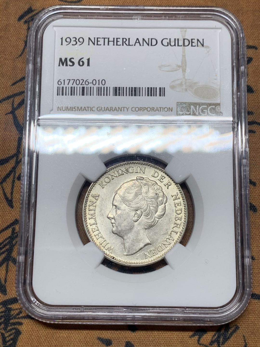 《竞宝斋》微拍-第32场-周日（全场顺丰包邮） NGC-MS61 荷兰 1939年 威廉米娜女王 1盾 原光好品银币
