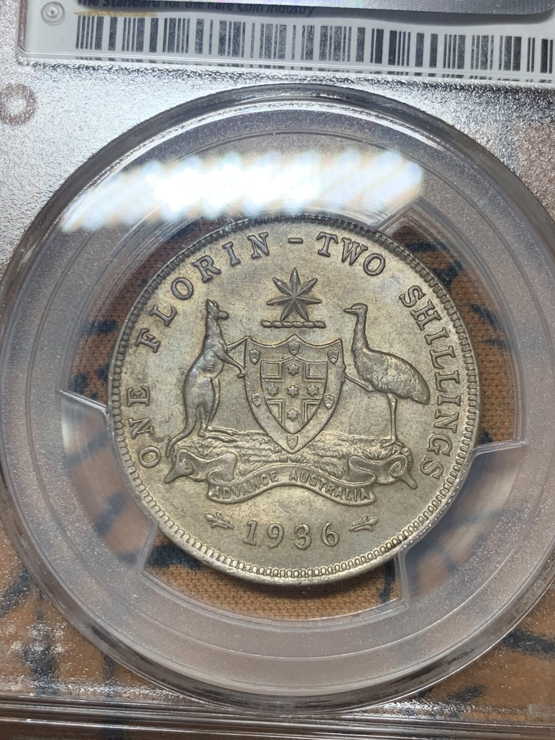 《竞宝斋》微拍-第32场-周日（全场顺丰包邮） PCGS-AU58 澳大利亚 1936年 乔治五世 弗罗林 五彩原光低评