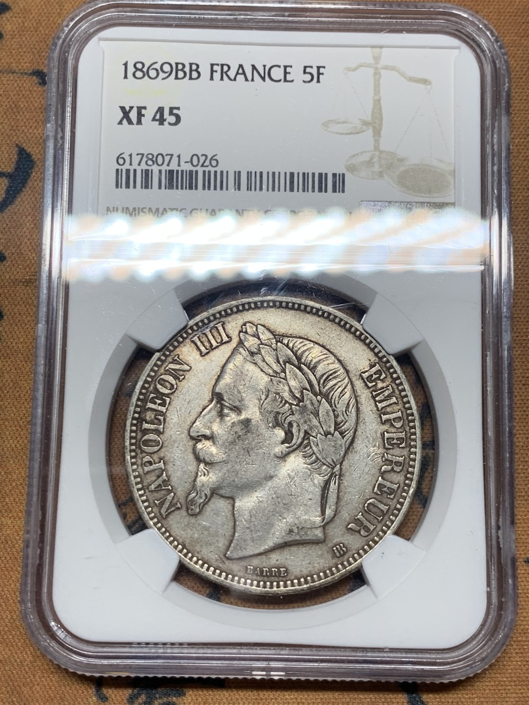 《竞宝斋》微拍-第32场-周日（全场顺丰包邮） NGC-XF45 法国 1869年 拿破仑三世 5法郎 大银币 原味好品