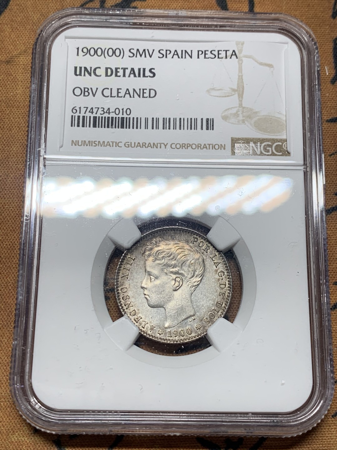 《竞宝斋》微拍-第32场-周日（全场顺丰包邮） NGC-UNC 西班牙 1900年 阿方索十三世 1比塞塔 银币 原味带光好品 居然没给分