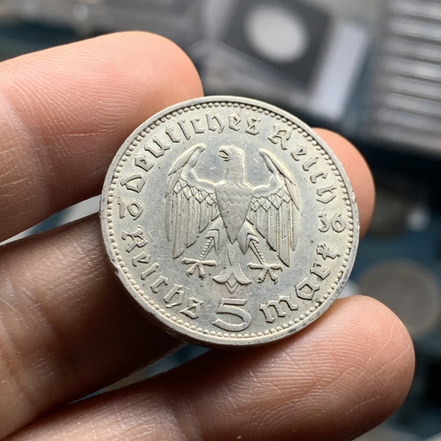 《竞宝斋》微拍-第32场-周日（全场顺丰包邮） 裸币 德国 1936年5马克  兴登堡头像 银币