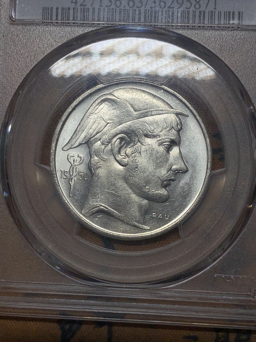 《竞宝斋》微拍-第32场-周日（全场顺丰包邮） PCGS-MS63 比利时 1950年 50法郎银币 季军分数