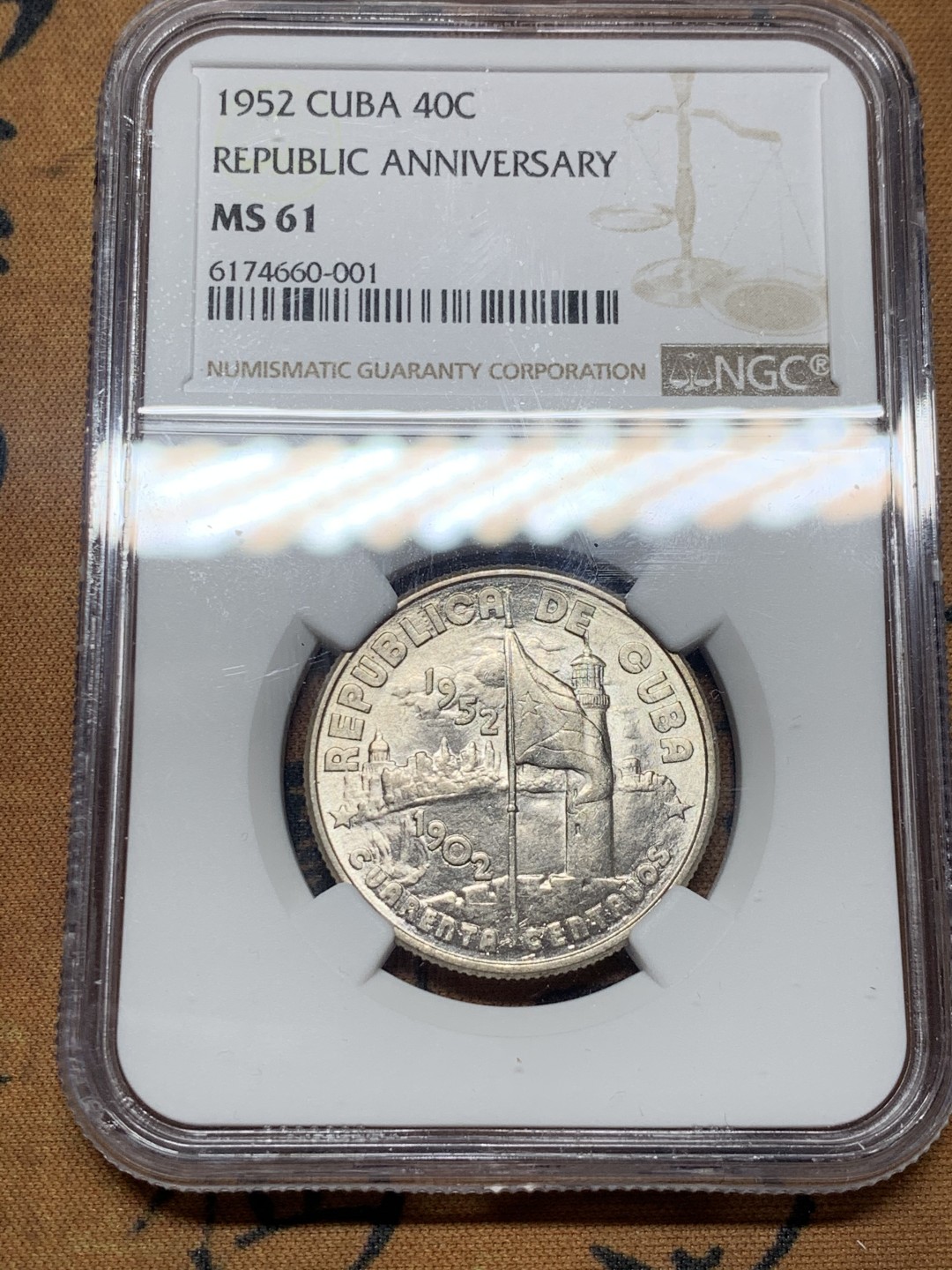 《竞宝斋》微拍-第32场-周日（全场顺丰包邮） NGC-MS61  古巴 1952年 40分 银币 稀少版别