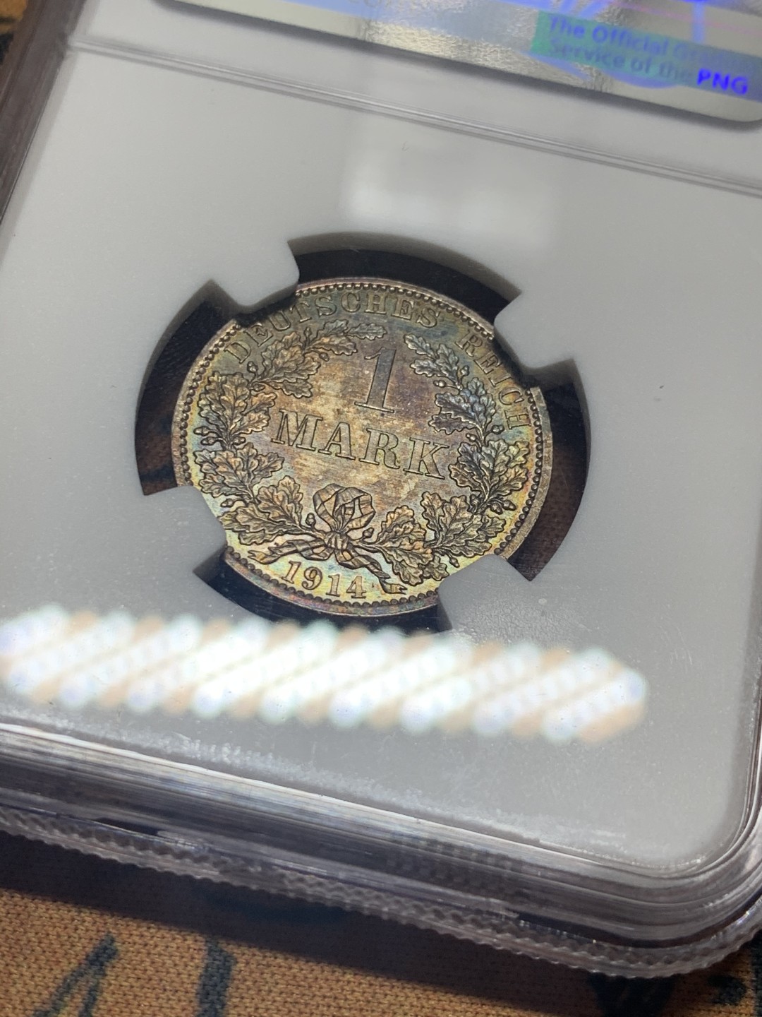 《竞宝斋》微拍-第32场-周日（全场顺丰包邮） NGC-MS63 德国 1914年 1马克 银币 双面五彩酱紫包浆