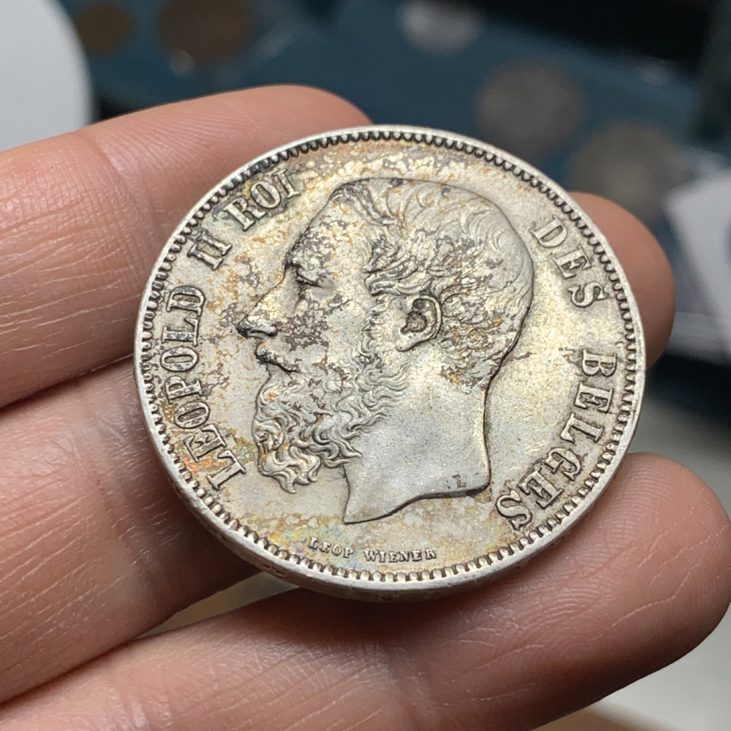 《竞宝斋》微拍-第32场-周日（全场顺丰包邮） 比利时 1873年 利奥波德二世 5法郎 淡彩底光 好品大银币 可以收藏