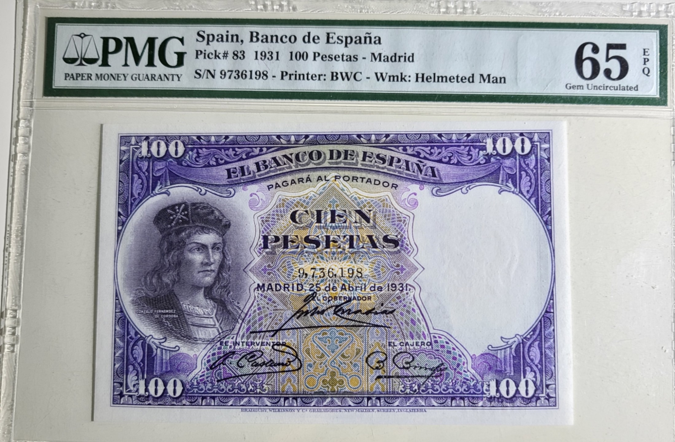 圣域骑士团 | 虎年新春上元节 专场 第二期（2022002期） 1931年 西班牙 100比塞塔 P83 百年老钞 PMG65e