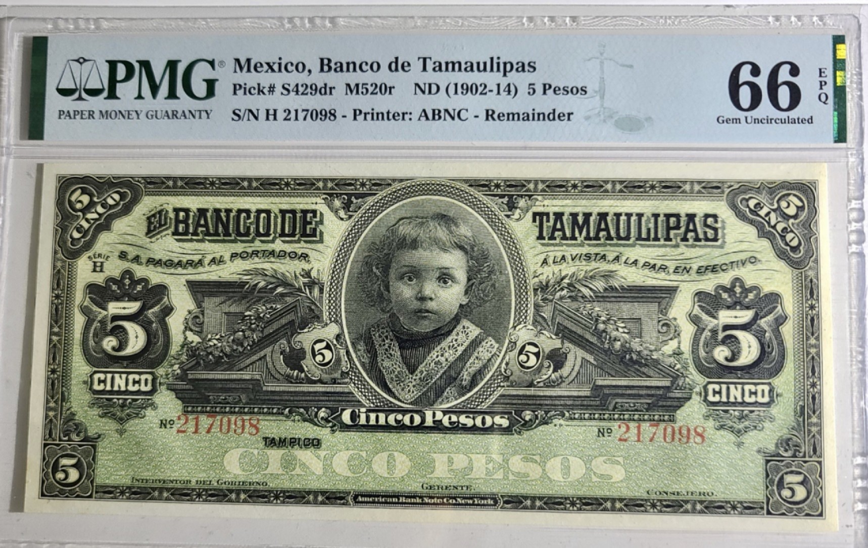 圣域骑士团 | 虎年新春上元节 专场 第二期（2022002期） 1902-14年 墨西哥5比索 百年老钞 可爱女孩 PMG66