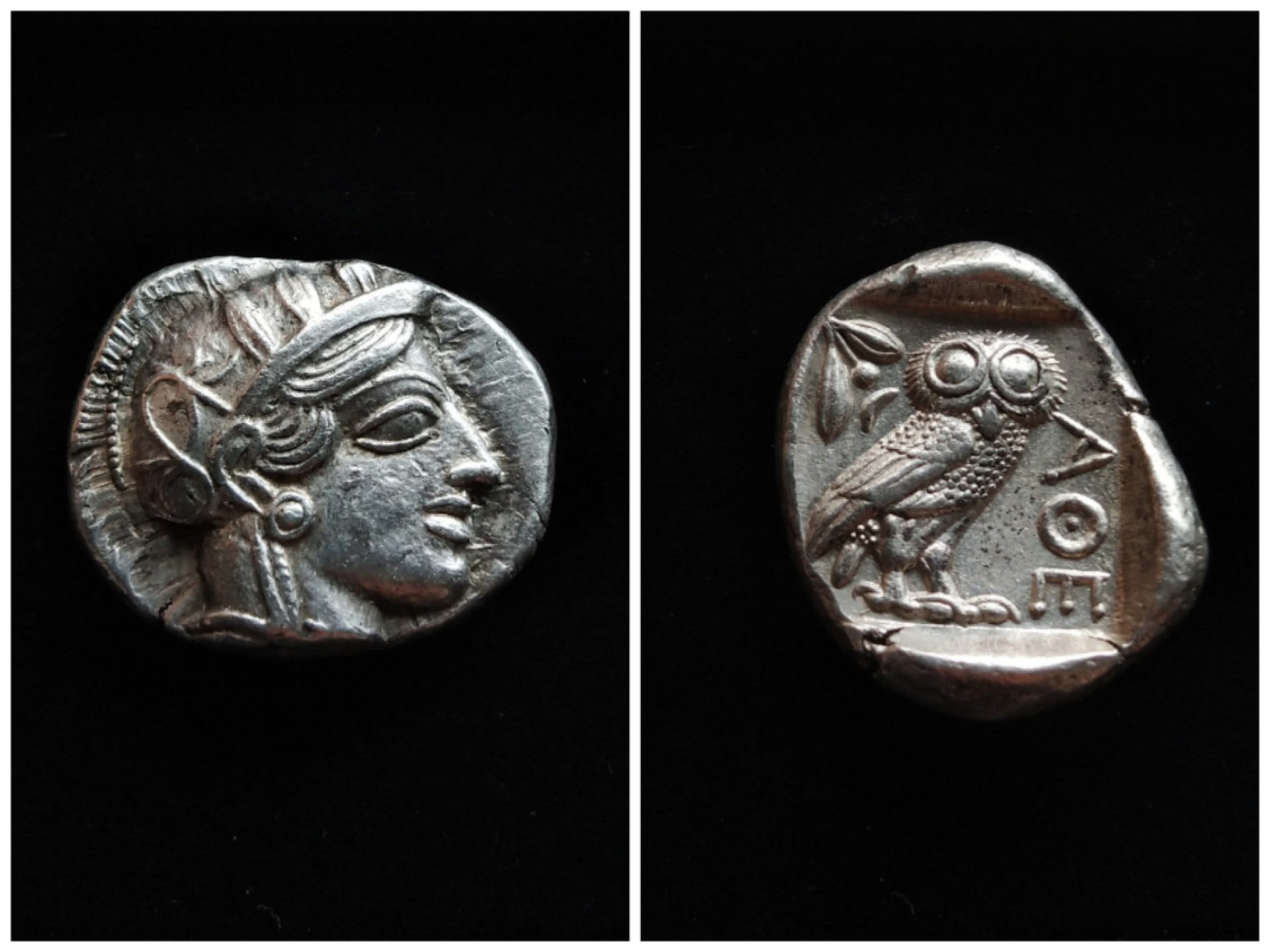 古希腊雅典城猫头鹰银币雅典娜四德拉克马银币猫头鹰四德银币深打美品 发行于公元前440-前404年，四德拉克马银币