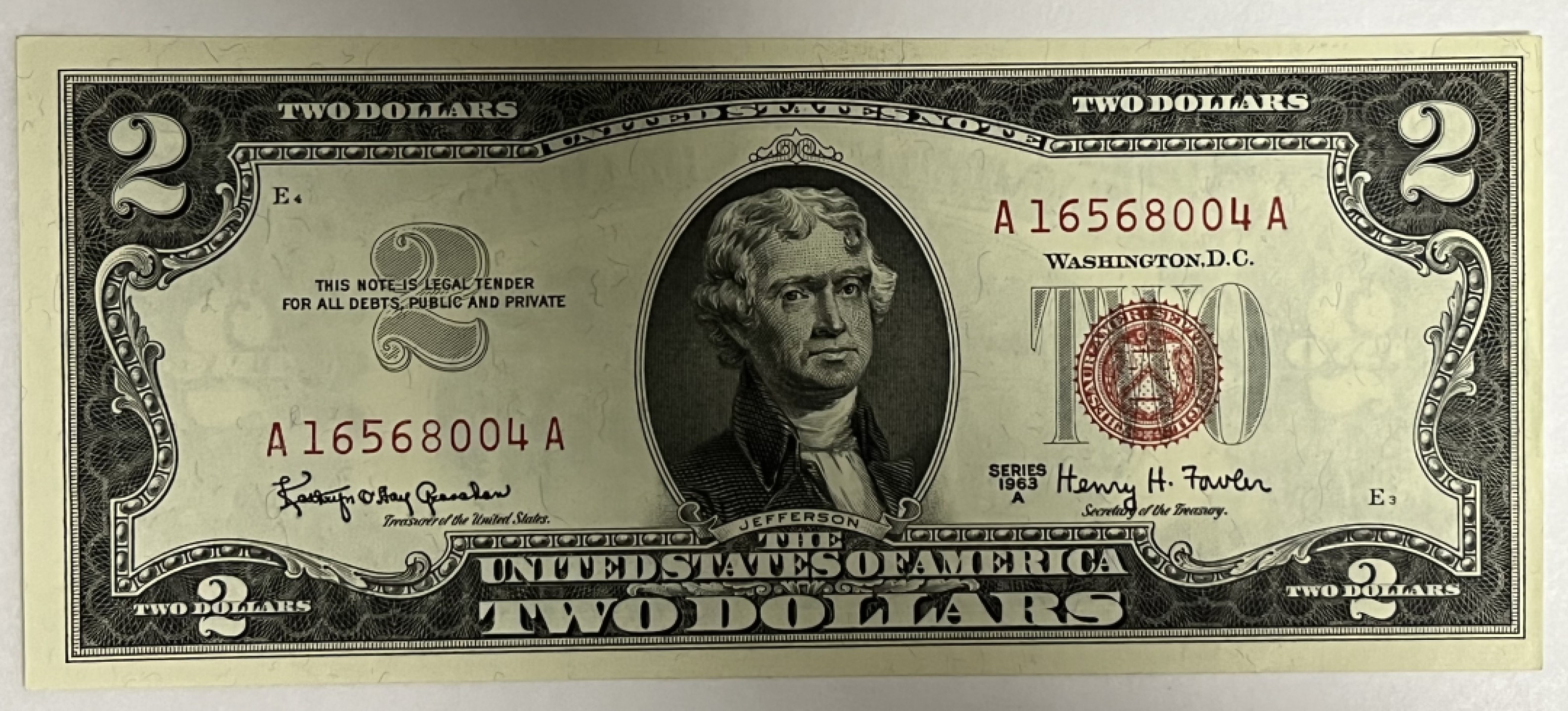 得物拍卖 Chase Auction  第2期 - -世界纸币精粹（二）  1963A 2美元 政府券 UNC （区别于1963正版年份  稀少版），托马斯杰斐逊头像，独立宣言起草人之一，美国开国三杰之一，第三任美国总统！背面杰斐逊故居！