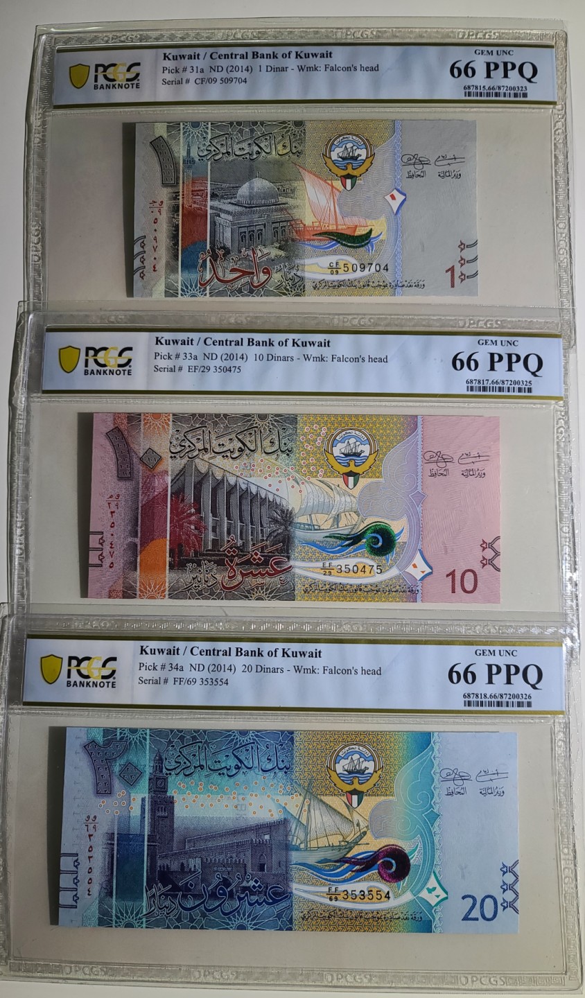 圣域骑士团 | CICE币展&易卜生专场 春天来了 ‼️第三期（2022003） 【一组3张PCGS66分】2014年科威特 1/10/20第纳尔