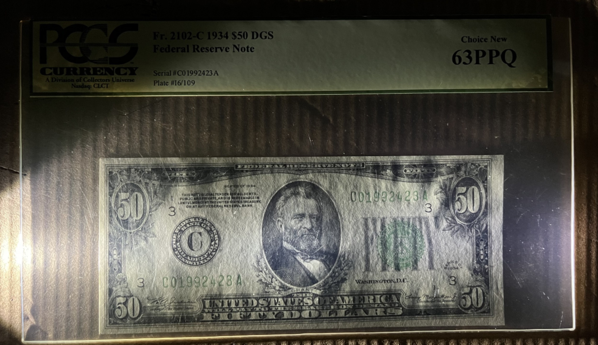 得物拍卖 Chase Auction  第2期 - -世界纸币精粹（二）  1934正版 50美元  PCGS 63PPQ  DGS=Dark Green Seal深色库印，美国第十八任总统格兰特，军事家，领导美国统一！背面美国白宫！