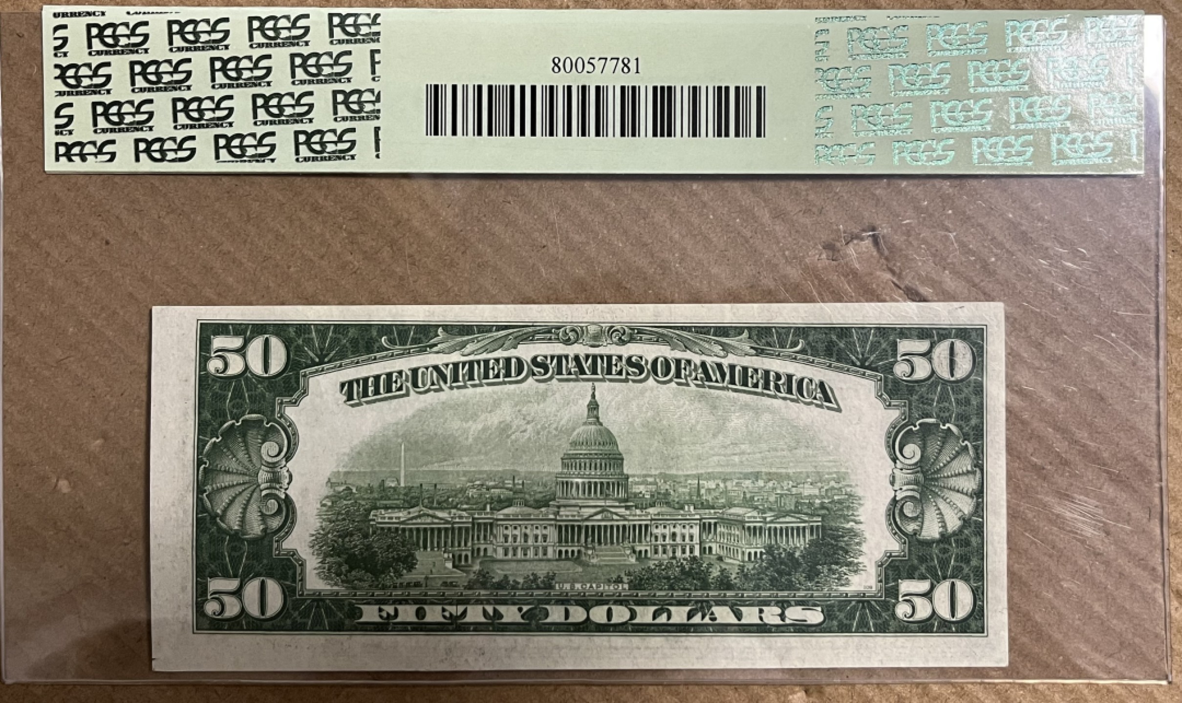 得物拍卖 Chase Auction  第2期 - -世界纸币精粹（二）  1934正版 50美元  PCGS 63PPQ  DGS=Dark Green Seal深色库印，美国第十八任总统格兰特，军事家，领导美国统一！背面美国白宫！