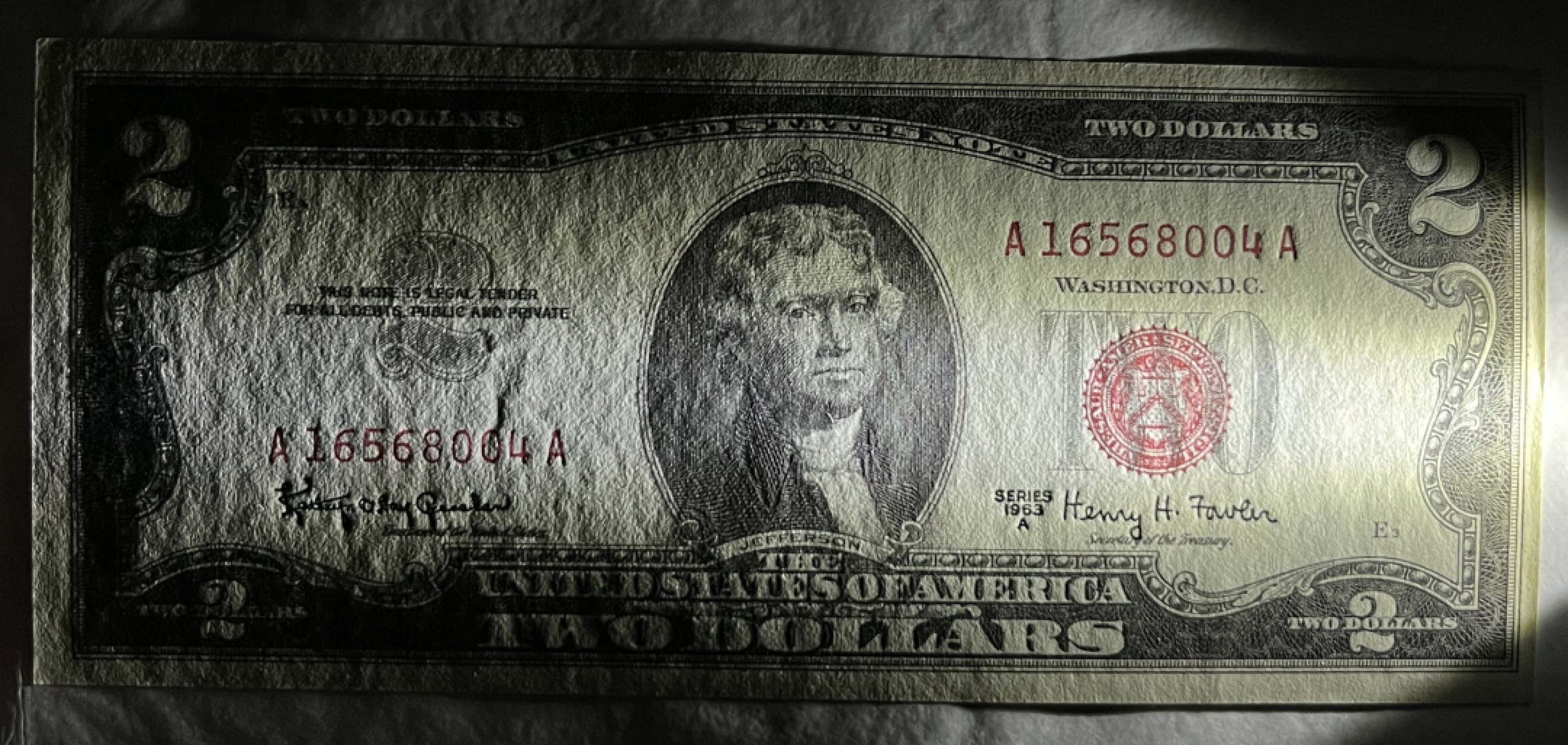 得物拍卖 Chase Auction  第2期 - -世界纸币精粹（二）  1963A 2美元 政府券 UNC （区别于1963正版年份  稀少版），托马斯杰斐逊头像，独立宣言起草人之一，美国开国三杰之一，第三任美国总统！背面杰斐逊故居！