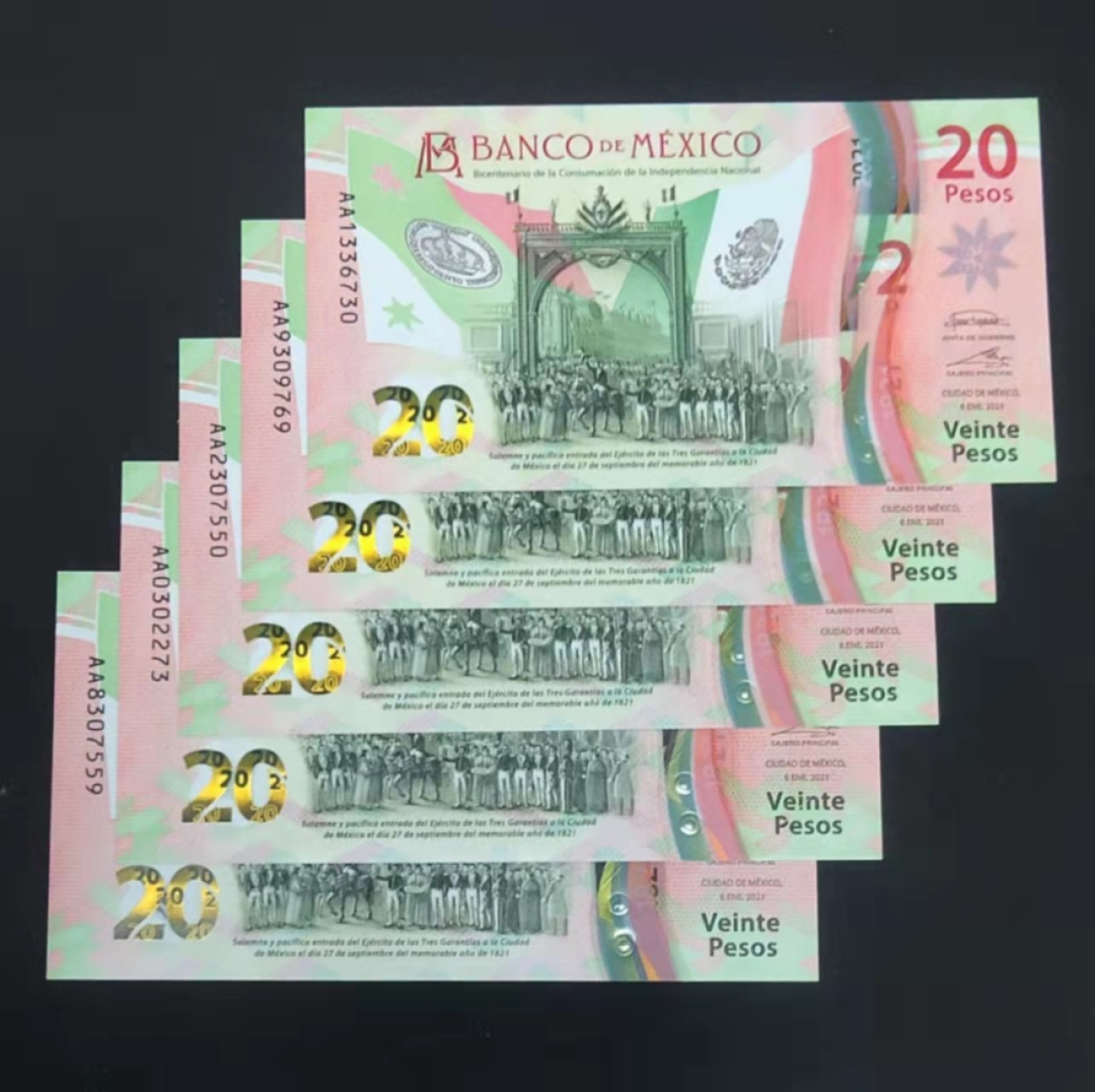 圣域骑士团 | 虎年新春上元节 专场 第二期（2022002期） 2021年 墨西哥 20比索塑料钞5张 5种签名 A冠首发全程无4，包含一张稀缺AA0冠