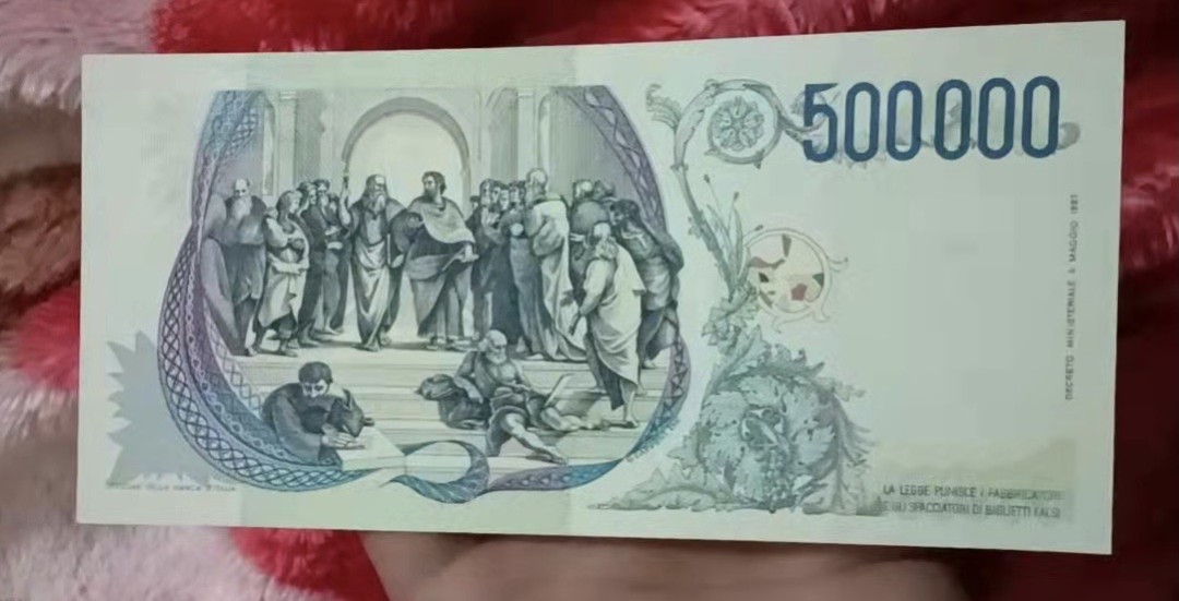 得物拍卖 Chase Auction  第2期 - -世界纸币精粹（二） 意大利500000里拉，品相AU或自己看图定义，边缘有一处微斑，经典拉斐尔！正面拉斐尔自画像和代表作《嘉拉提亚的凯旋》，背面代表作《雅典学园》！