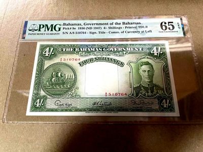 【Blue Auction】✨世界纸币精拍第160期——沙漠之花（共95拍） - 【少见品种】巴哈马早期 1936年4先令 英王乔治 PMG65EPQ 绝品