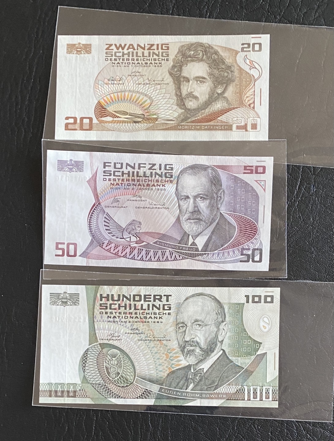 得物拍卖 Chase Auction  第2期 - -世界纸币精粹（二） 奥地利倒二版小全套三张，全新UNC！奥地利水彩画家莫里兹·达芬格，奥地利心理学家西格蒙德·弗洛伊德，奥地利经济学家尤金·庞·巴维克！