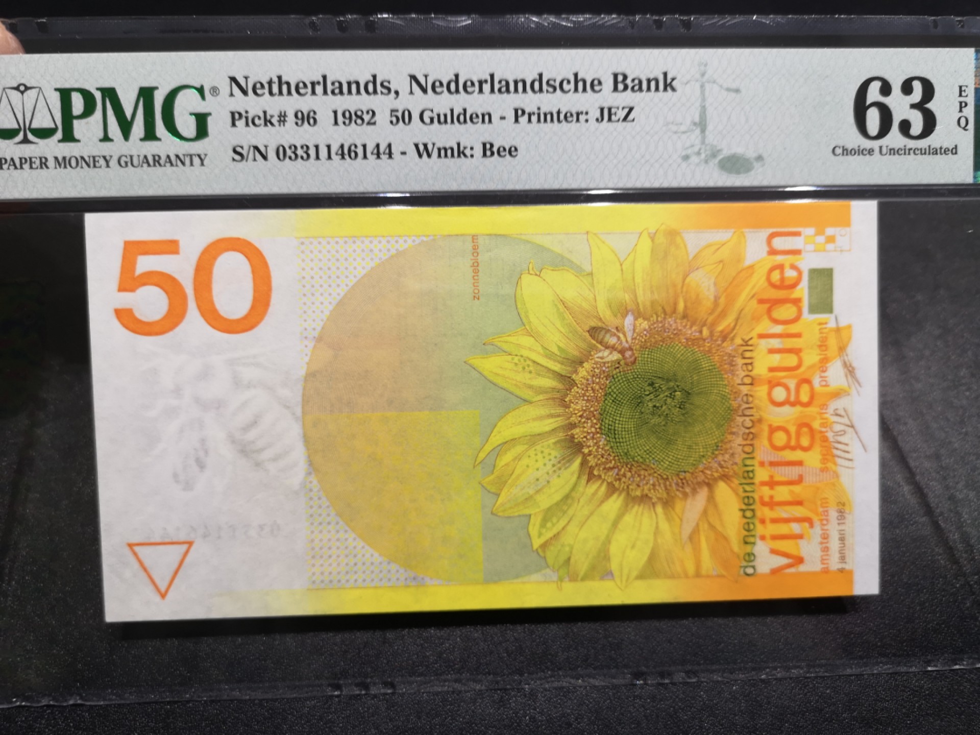 《外钞收藏家》第一百六十六期拍卖（本期89件） 1982年荷兰向日葵50盾 PMG63