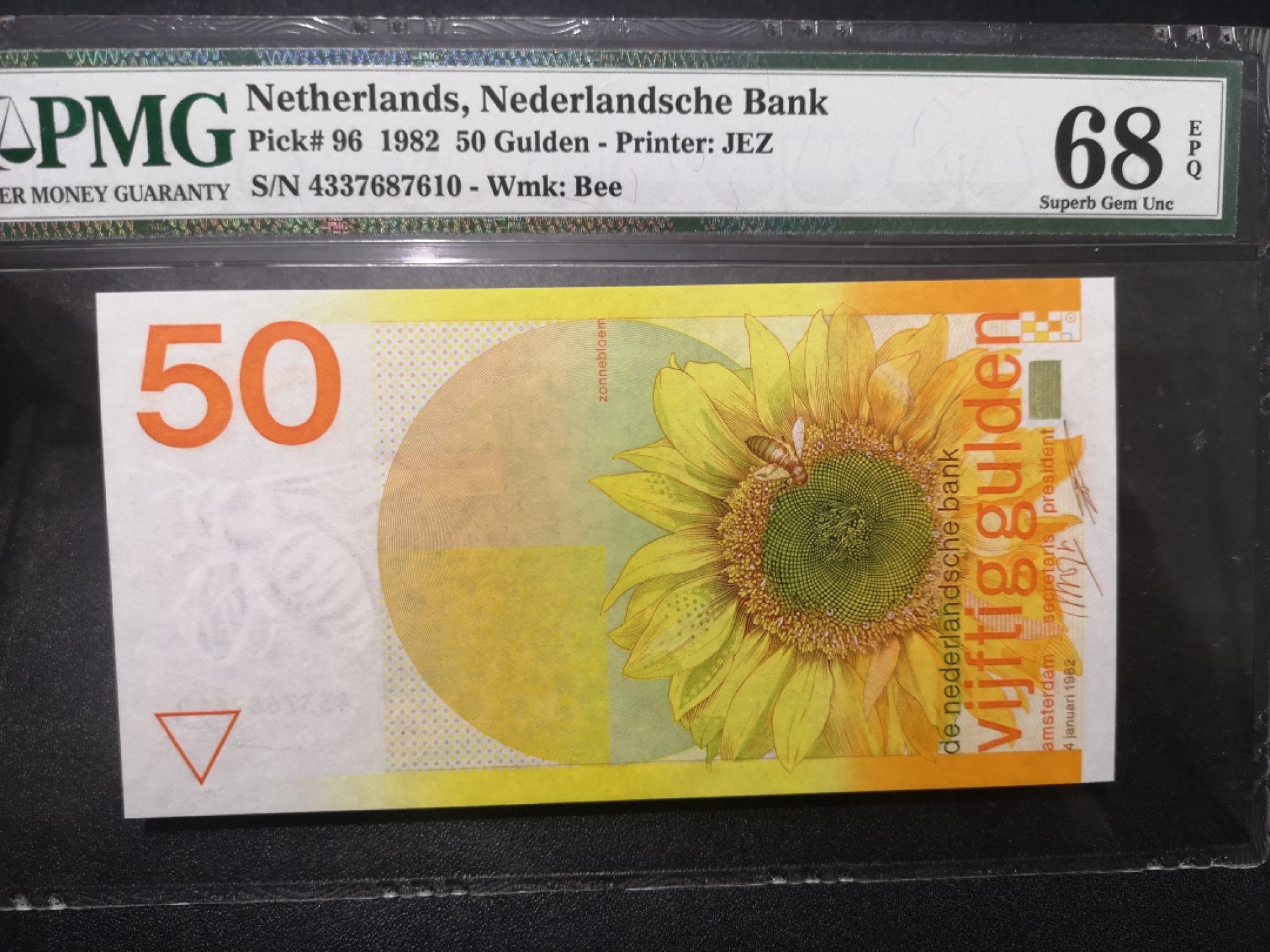 《外钞收藏家》第一百六十六期拍卖（本期89件） 1982年荷兰50盾 向日葵 PMG68