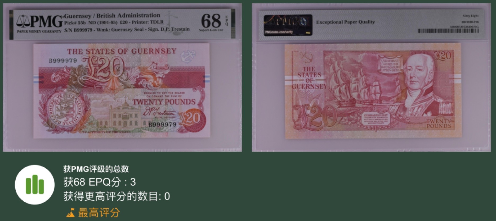 《张总收藏》49期——世界最佳纸币 根西岛20镑 PMG68E 90年代版本 P-55 冠军分