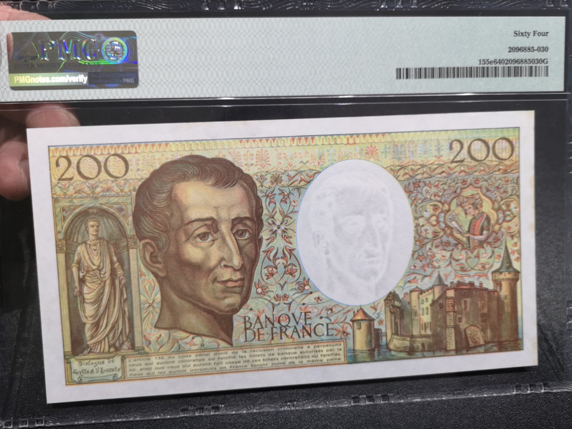 《外钞收藏家》第一百六十六期拍卖（本期89件） 1992年法国200法郎 PMG64