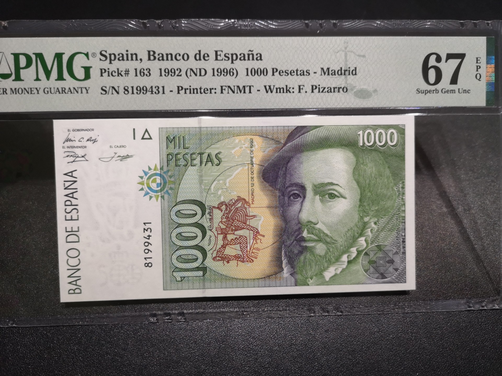 《外钞收藏家》第一百六十六期拍卖（本期89件） 1992年西班牙1000比塞塔 PMG67