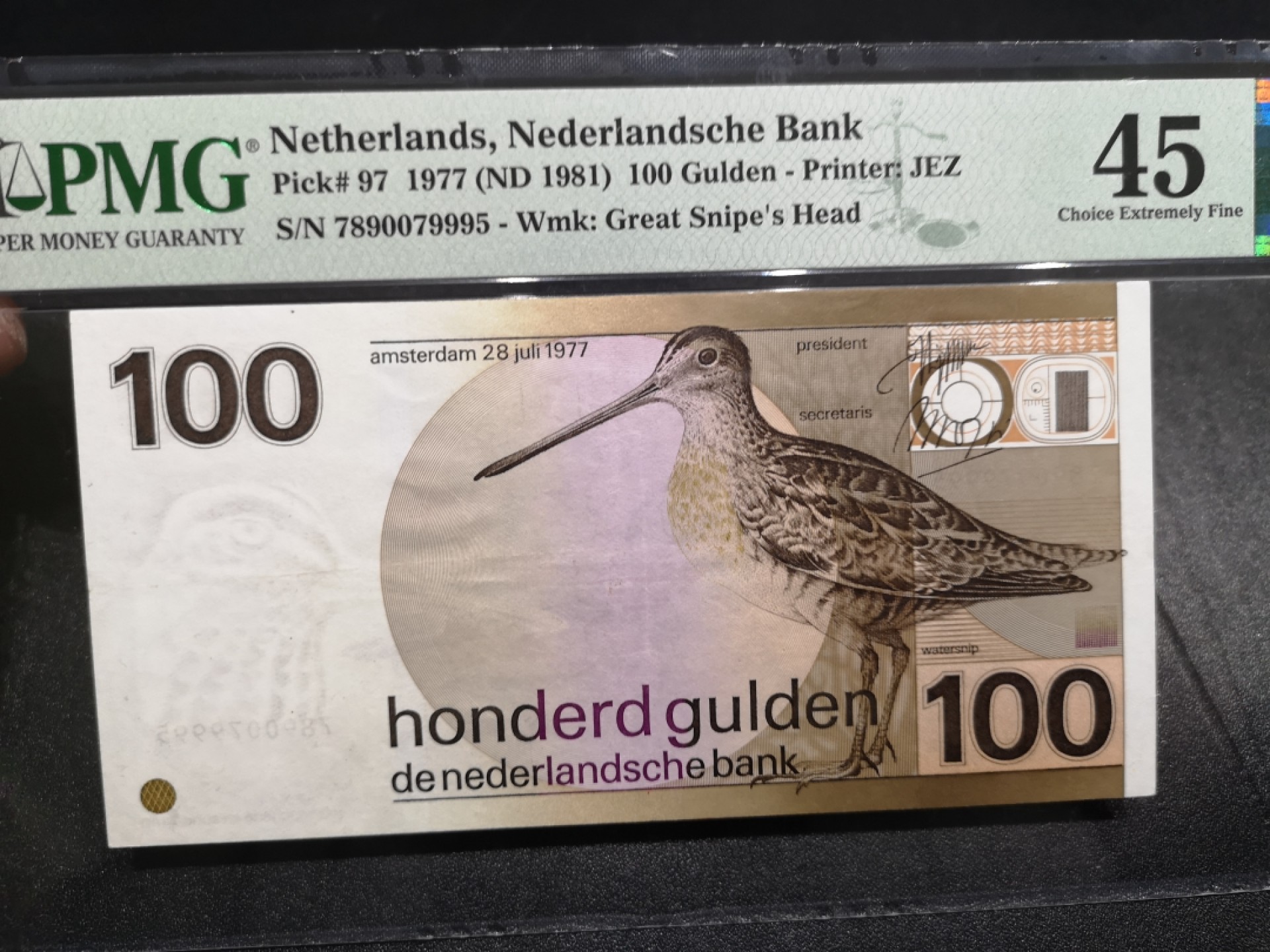 《外钞收藏家》第一百六十六期拍卖（本期89件） 1981年荷兰水鸟100盾 PMG45