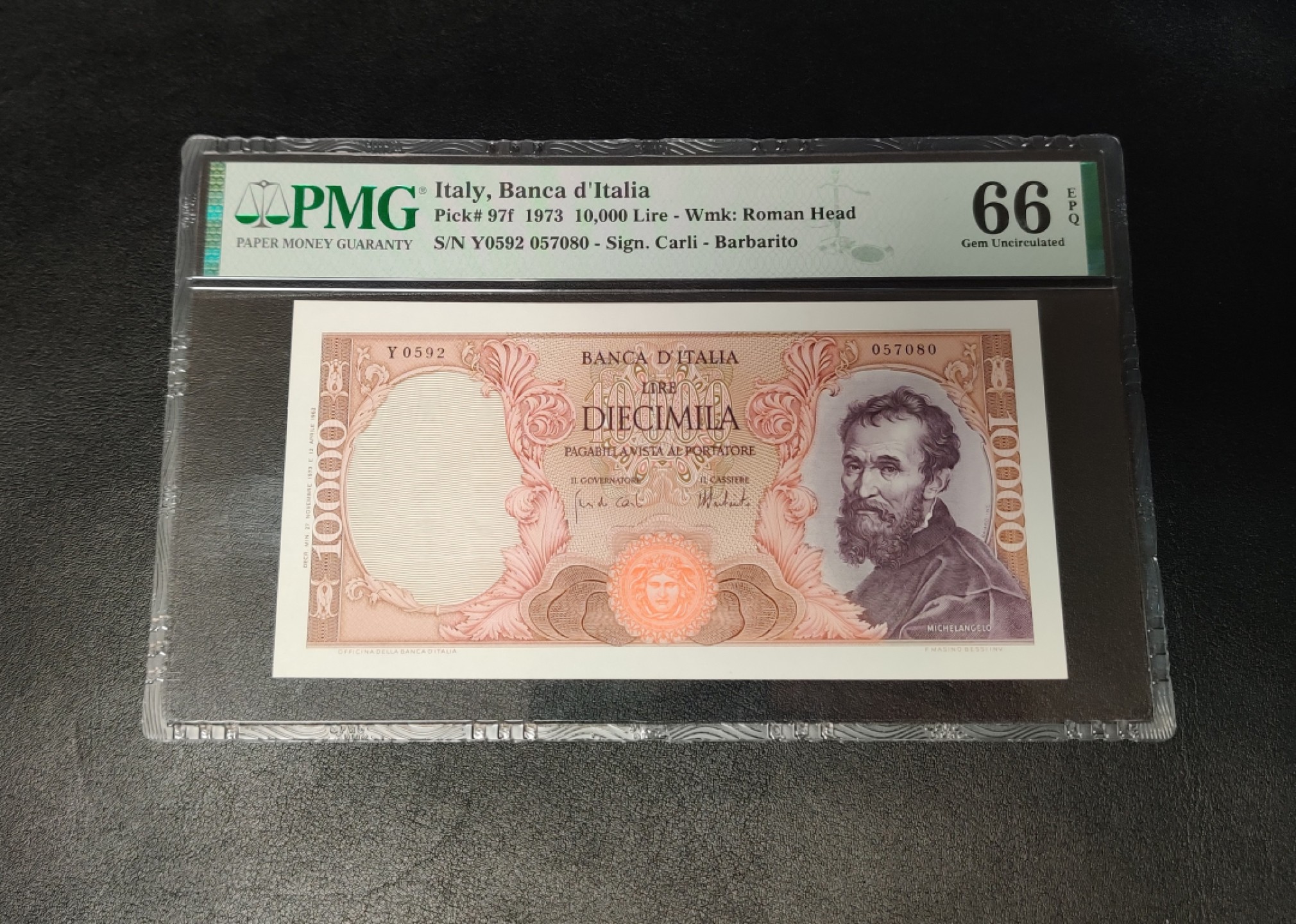 《外钞收藏家》第一百六十六期拍卖（本期89件） 1973年意大利1万里拉 PMG66