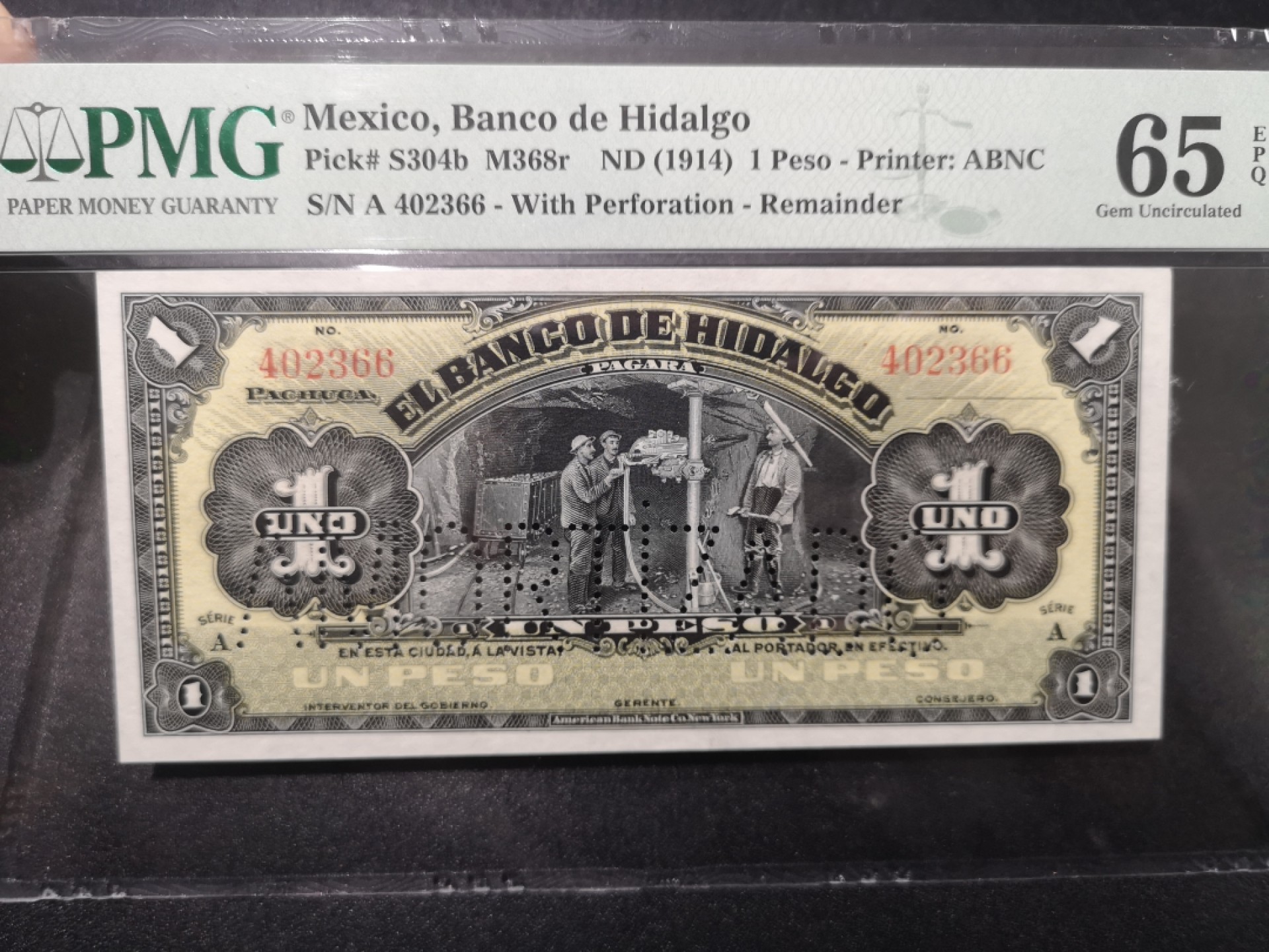 《外钞收藏家》第一百六十六期拍卖（本期89件） 1914年墨西哥1比索 PMG65