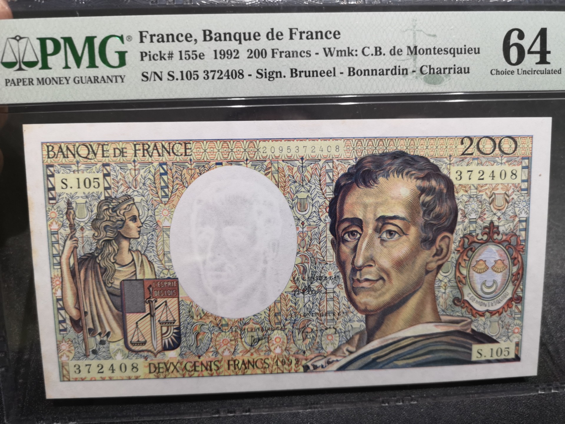 《外钞收藏家》第一百六十六期拍卖（本期89件） 1992年法国200法郎 PMG64
