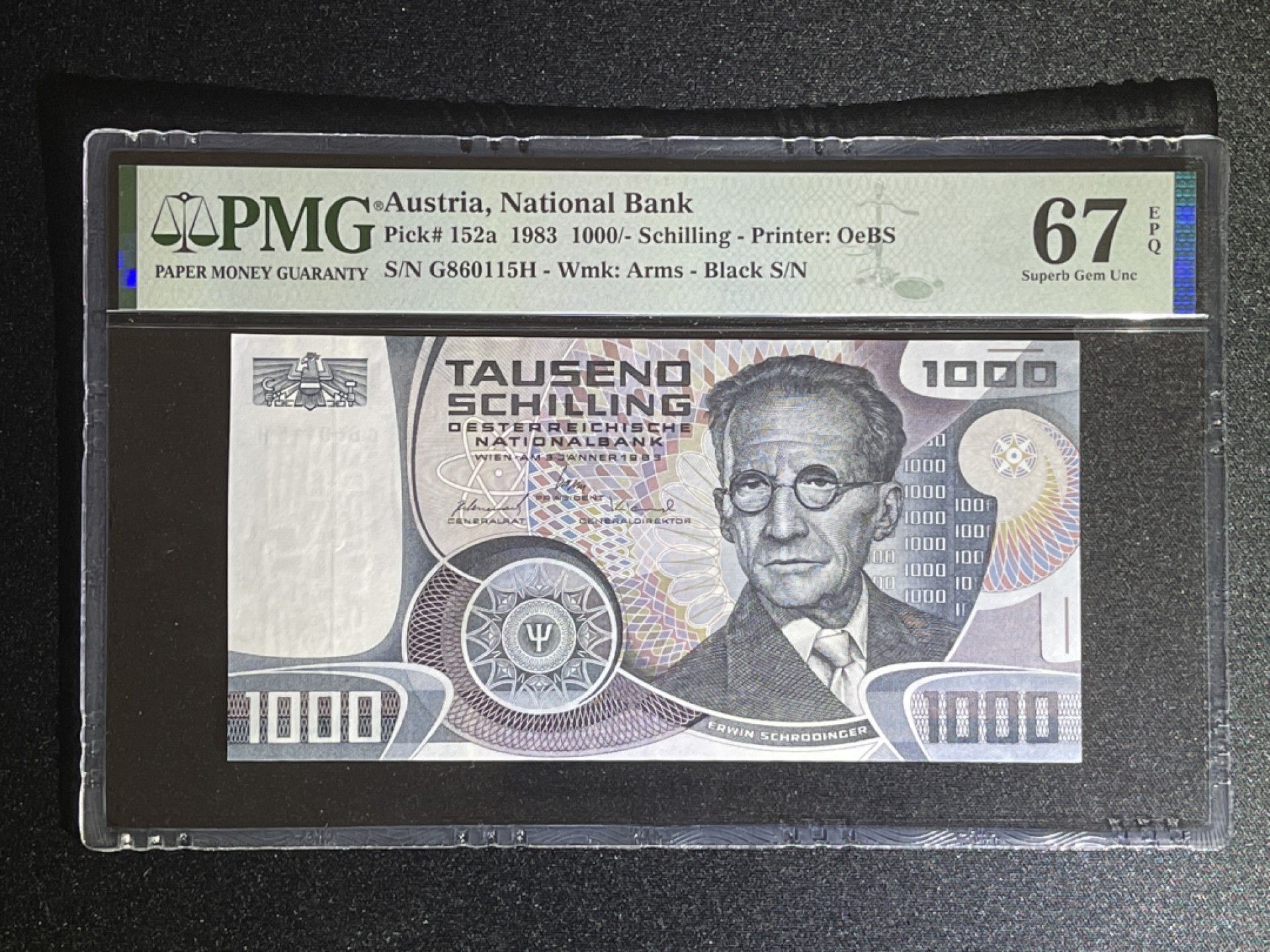 《张总收藏》49期——世界最佳纸币 奥地利1000先令 PMG67E 1983年 奥地利物理学家薛定谔 无47