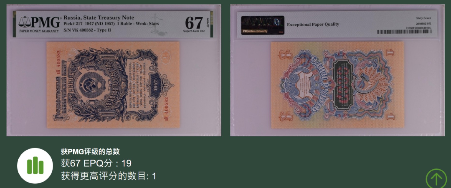 《张总收藏》49期——世界最佳纸币 苏联1卢布 PMG67E 1947年 亚军分