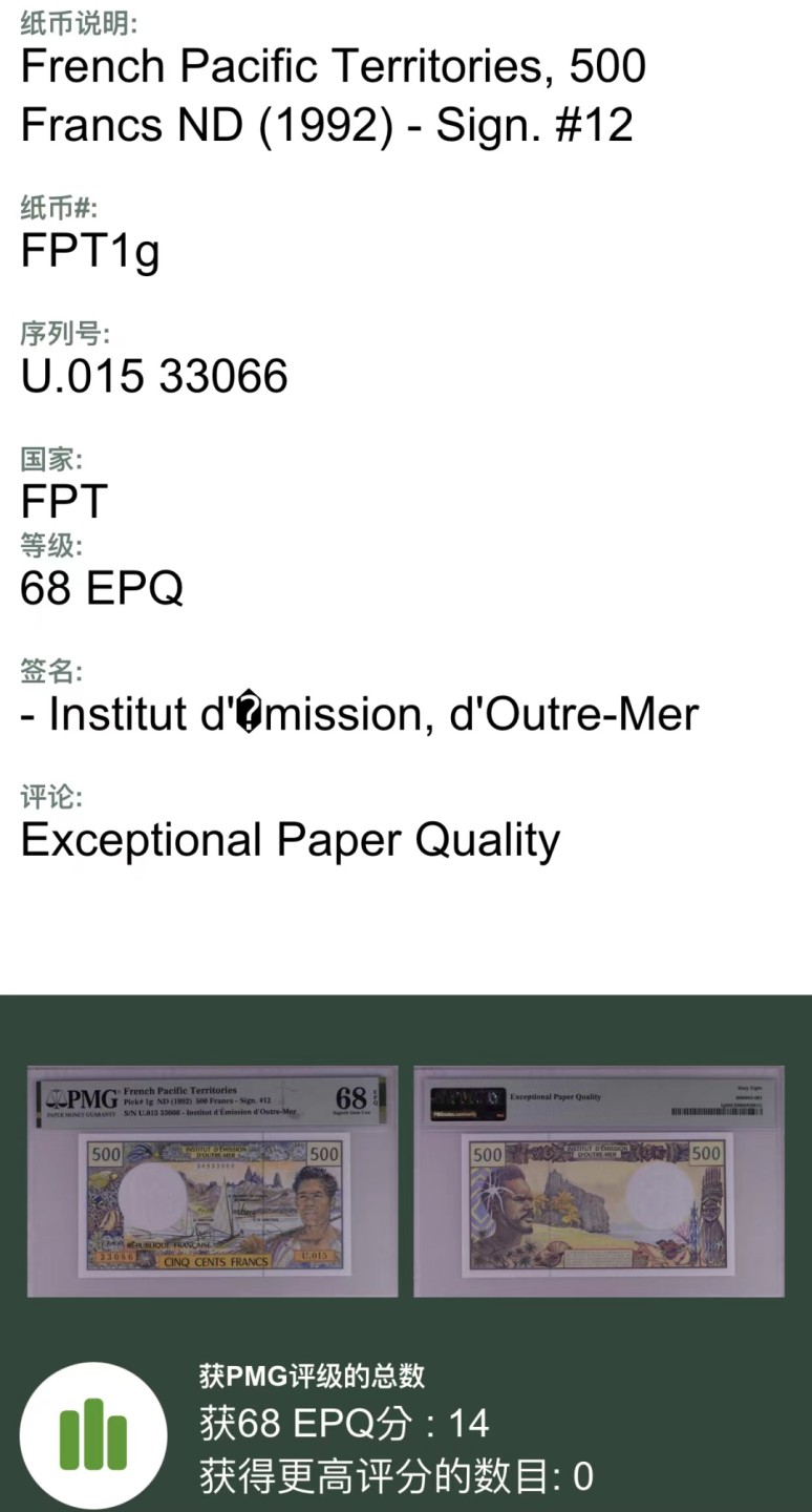 《外钞收藏家》第一百六十六期拍卖（本期89件） 1992年法属太平洋500法郎 冠军分 PMG68