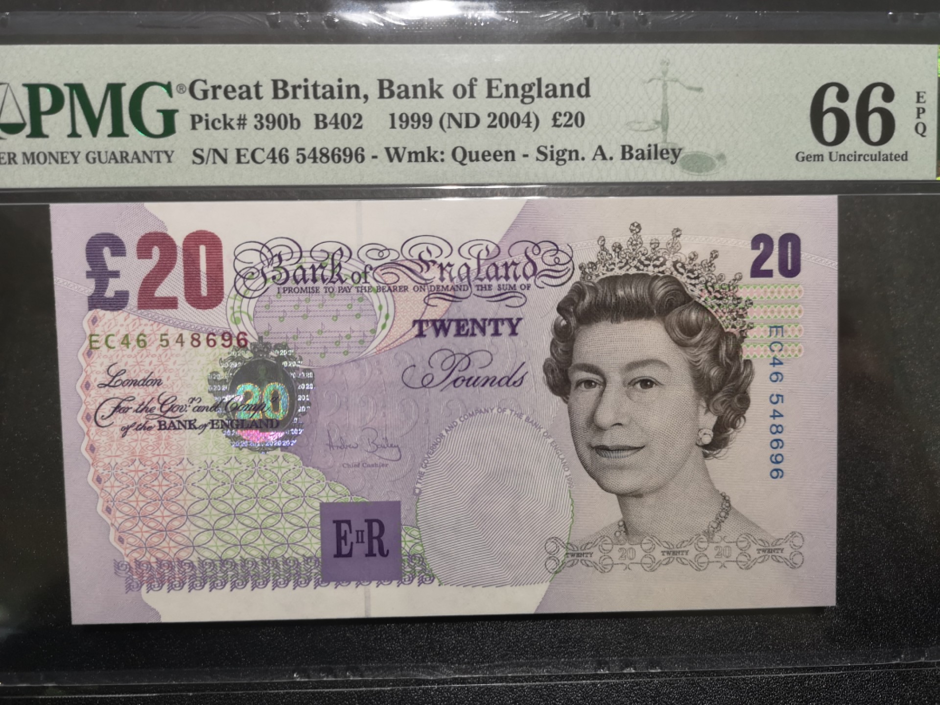 《外钞收藏家》第一百六十七期拍卖 1999年英国E序列20镑 PMG66