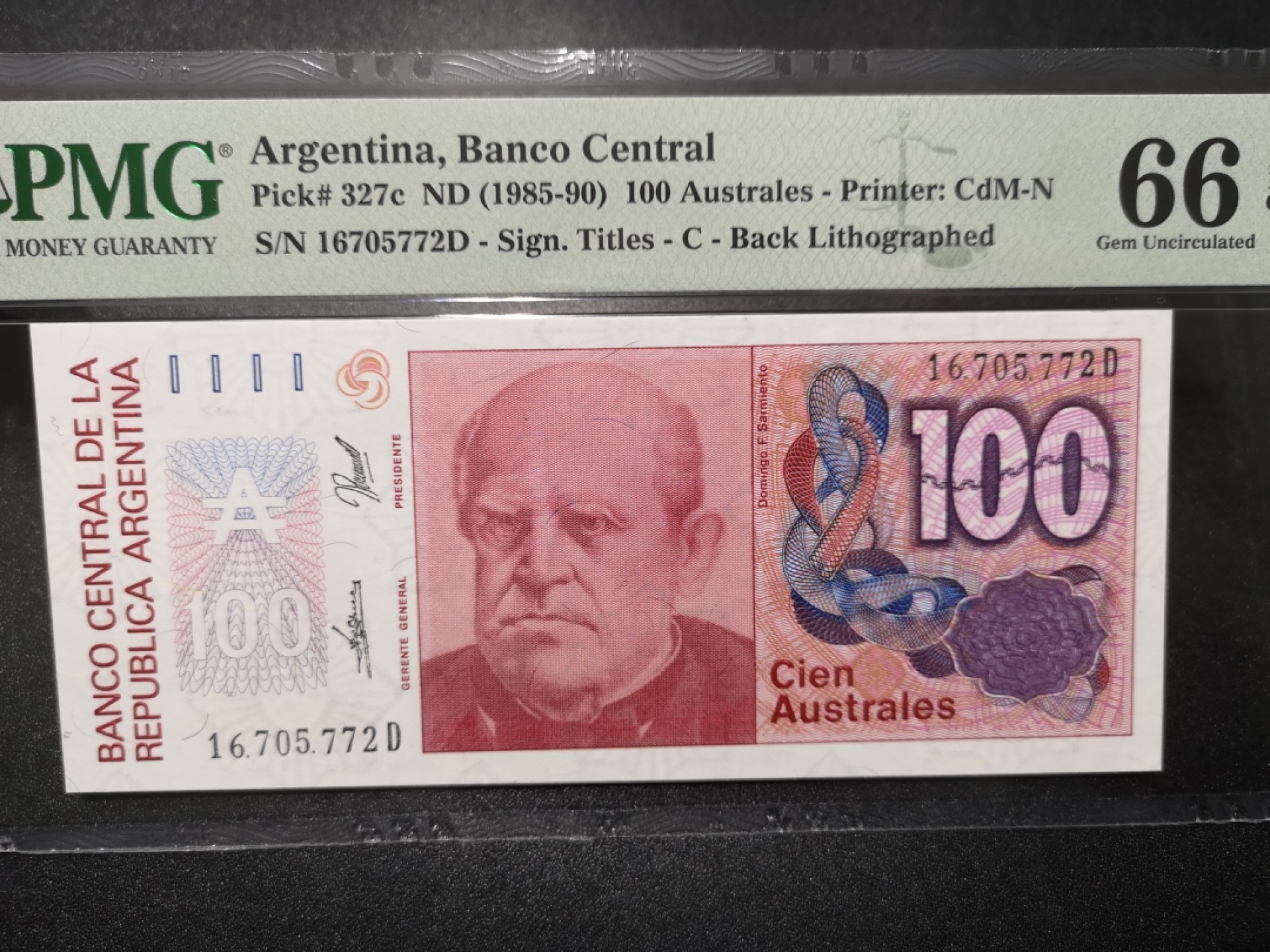 《外钞收藏家》第一百六十七期拍卖 1985-90年阿根廷100 PMG66